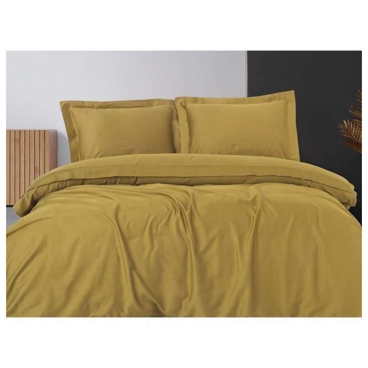 Parure de lit - 1 housse de couette 220 x 240 cm + 2 taies d'oreiller 60 x 60 cm - Satiné 100% coton - Moutarde