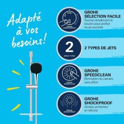 Ensemble de douche avec pommeau 2 jets, barre, flexible et tablette -