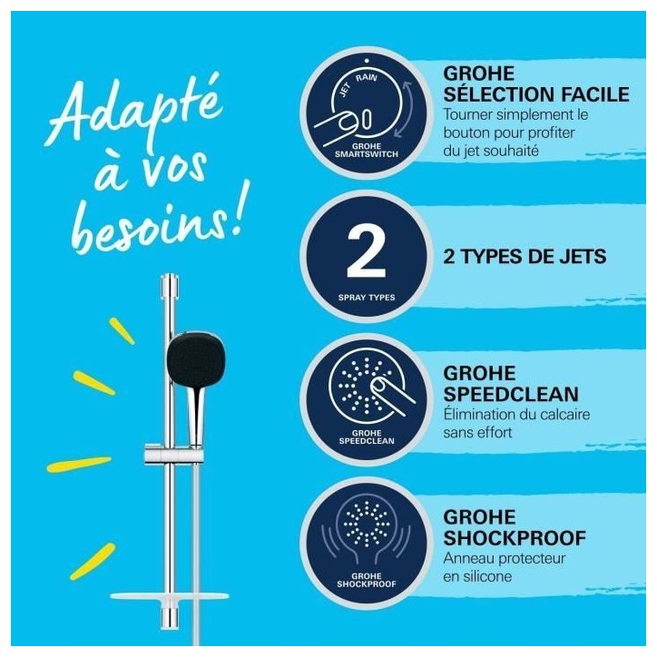 Ensemble de douche avec pommeau 2 jets, barre, flexible et tablette - GROHE Vitalio Comfort 110 26929001 - Economie d'eau - Chro Ensemble de douche avec pommeau 2 jets, barre, flexible et tablette - GROHE Vitalio Comfort 110 26929001 - Economie d'eau - Chro