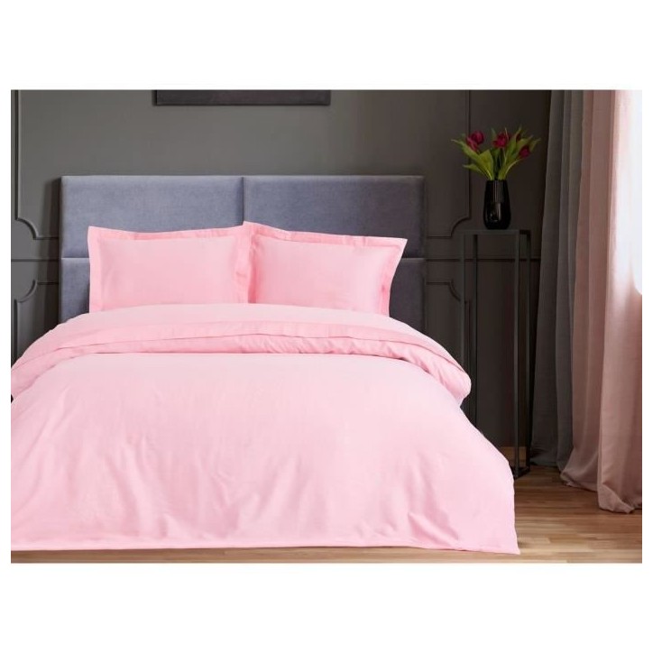 Parure de lit - 1 housse de couette 220 x 240 cm + 2 taies d'oreiller 60 x 60 cm - Satiné 100% coton - Rose