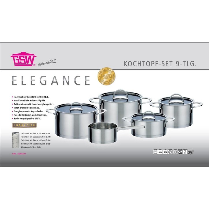 GSW Elegance - Batterie de cuisine 9 pieces en acier inoxydable - Tous feux dont induction GSW Elegance - Batterie de cuisine 9 pieces en acier inoxydable - Tous feux dont induction