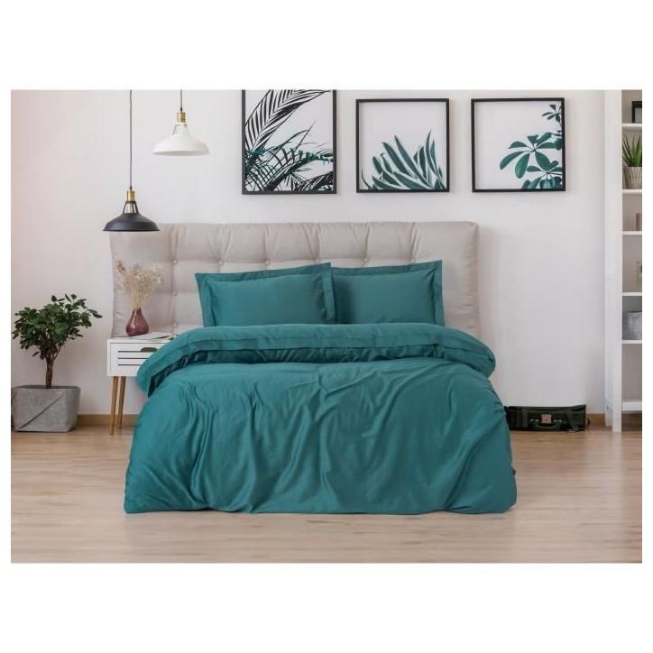 Parure de lit - 1 housse de couette 220 x 240 cm + 2 taies d'oreiller 60 x 60 cm - Satiné 100% coton - Bleu