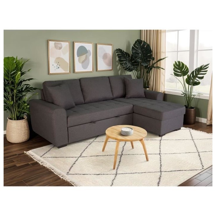 Canapé d'angle convertible réversible 4 places - Tissu gris - L 244 x P 151 x H 90 - HAMILTON - Fabriqué en Ukraine Canapé d'angle convertible réversible 4 places - Tissu gris - L 244 x P 151 x H 90 - HAMILTON - Fabriqué en Ukraine
