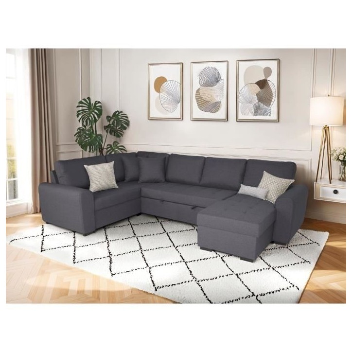 Canapé d'angle panoramique convertible réversible - Tissu Gris - L 313 x P 213 x H 90 cm - HAMILTON - Fabriqué en Ukraine Canapé d'angle panoramique convertible réversible - Tissu Gris - L 313 x P 213 x H 90 cm - HAMILTON - Fabriqué en Ukraine