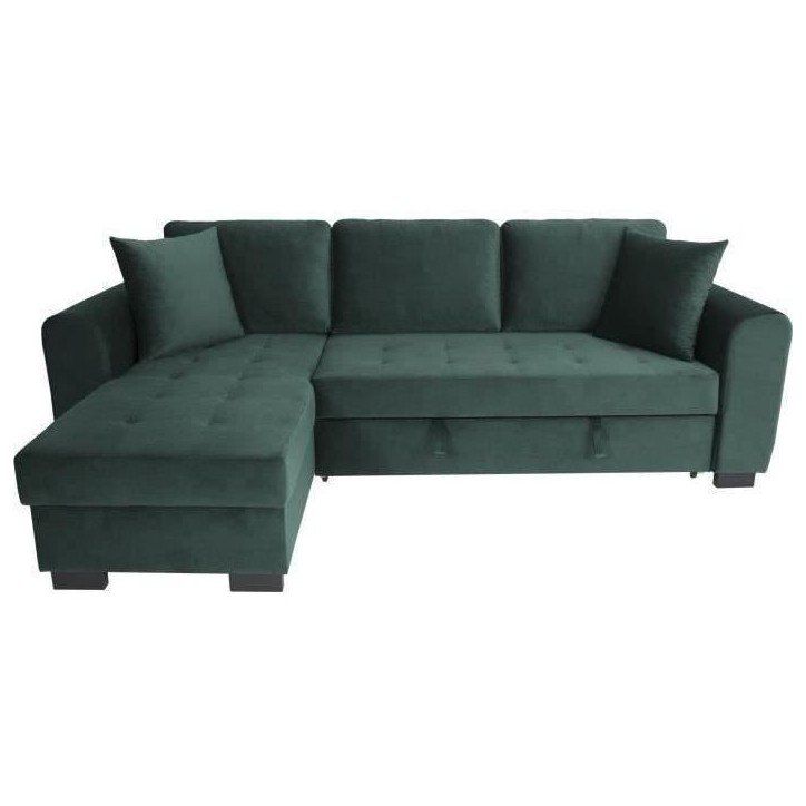 Canapé d'angle convertible HAMILTON 4 places - Tissu velours vert - L 245 x P 140 x H 86 - Coffre de rangement Canapé d'angle convertible HAMILTON 4 places - Tissu velours vert - L 245 x P 140 x H 86 - Coffre de rangement