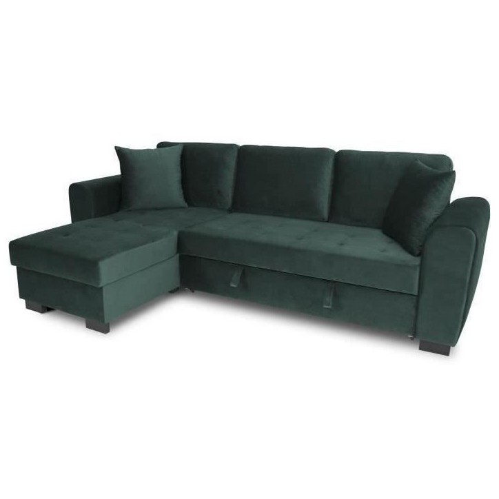 Canapé d'angle convertible HAMILTON 4 places - Tissu velours vert - L 245 x P 140 x H 86 - Coffre de rangement Canapé d'angle convertible HAMILTON 4 places - Tissu velours vert - L 245 x P 140 x H 86 - Coffre de rangement