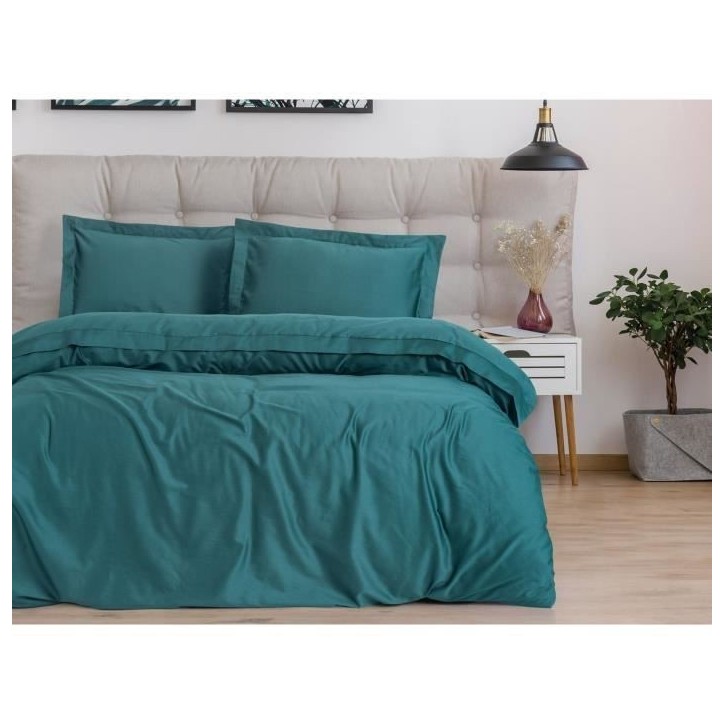 Parure de lit - 1 housse de couette 220 x 240 cm + 2 taies d'oreiller 60 x 60 cm - Satiné 100% coton - Bleu