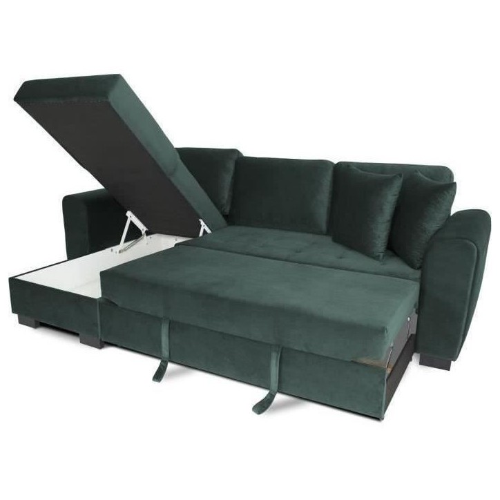 Canapé d'angle convertible HAMILTON 4 places - Tissu velours vert - L 245 x P 140 x H 86 - Coffre de rangement Canapé d'angle convertible HAMILTON 4 places - Tissu velours vert - L 245 x P 140 x H 86 - Coffre de rangement