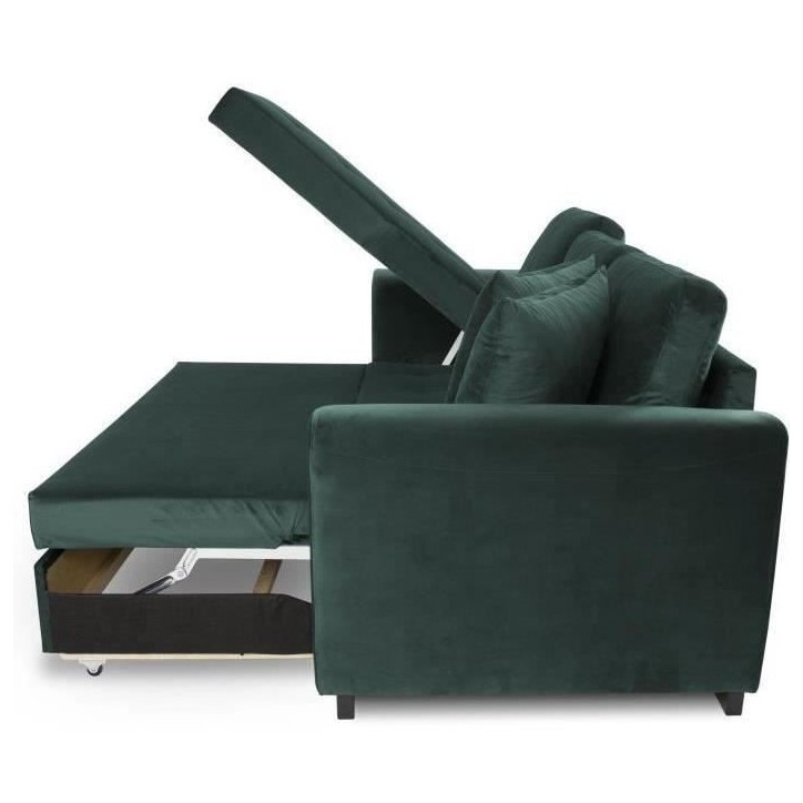 Canapé d'angle convertible HAMILTON 4 places - Tissu velours vert - L 245 x P 140 x H 86 - Coffre de rangement Canapé d'angle convertible HAMILTON 4 places - Tissu velours vert - L 245 x P 140 x H 86 - Coffre de rangement