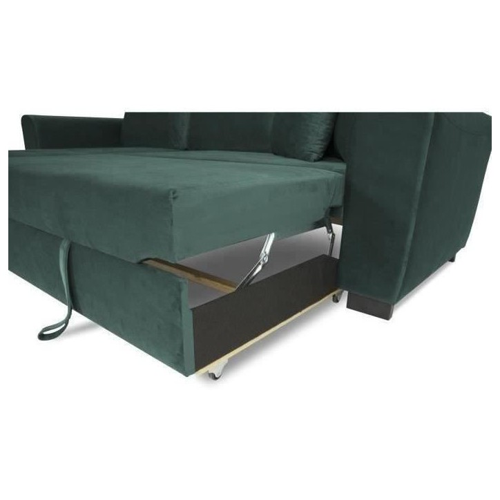 Canapé d'angle convertible HAMILTON 4 places - Tissu velours vert - L 245 x P 140 x H 86 - Coffre de rangement Canapé d'angle convertible HAMILTON 4 places - Tissu velours vert - L 245 x P 140 x H 86 - Coffre de rangement