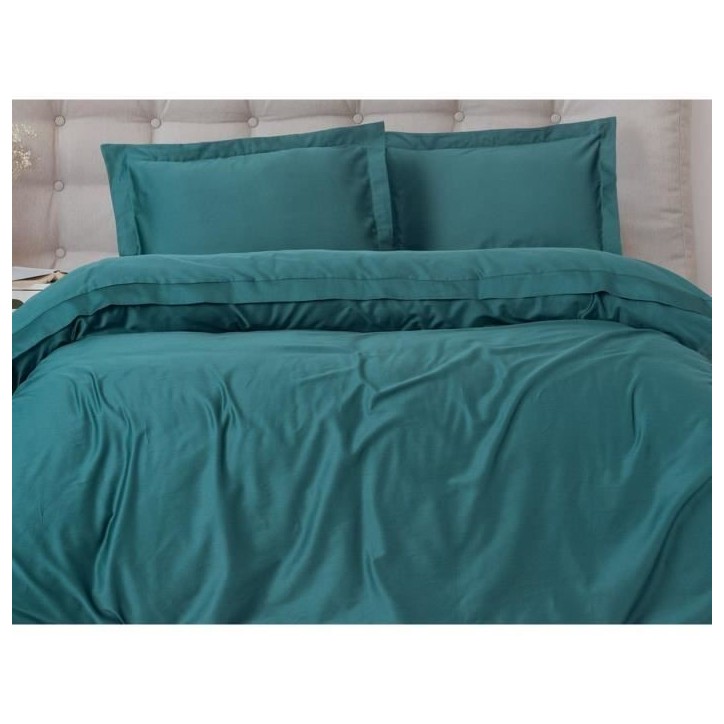 Parure de lit - 1 housse de couette 220 x 240 cm + 2 taies d'oreiller 60 x 60 cm - Satiné 100% coton - Bleu
