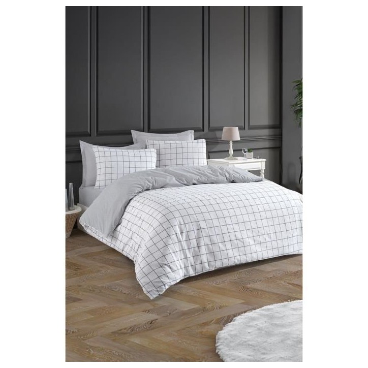 Parure de lit - 1 housse de couette 220 x 240 cm + 2 taies d'oreiller 60 x 60 cm - 65% coton, 35% polyester - Gris