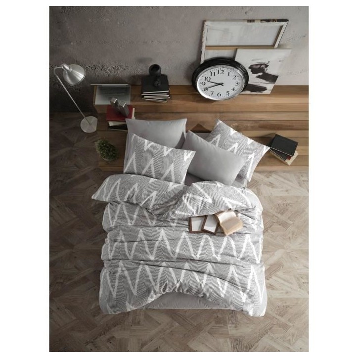 Parure de lit - 1 housse de couette 220 x 240 cm + 2 taies d'oreiller 60 x 60 cm - 65% coton, 35% polyester - Gris