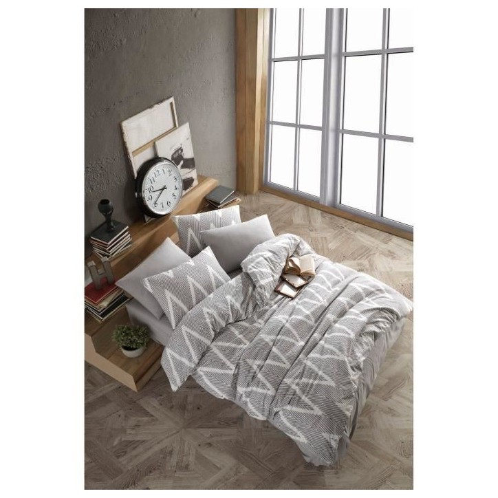 Parure de lit - 1 housse de couette 220 x 240 cm + 2 taies d'oreiller 60 x 60 cm - 65% coton, 35% polyester - Gris