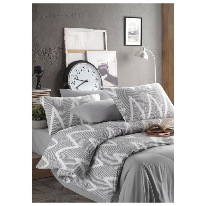Parure de lit - 1 housse de couette 220 x 240 cm + 2 taies d'oreiller 60 x 60 cm - 65% coton, 35% polyester - Gris