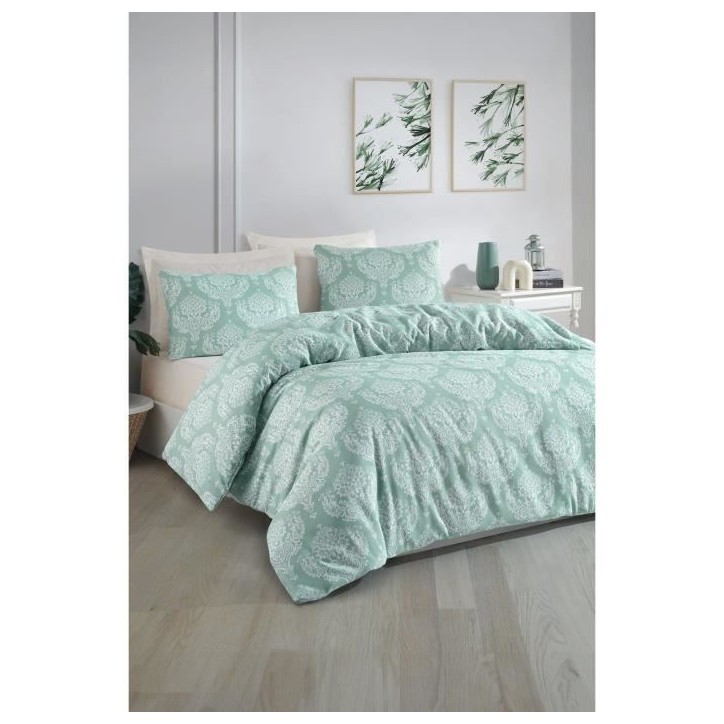 Parure de lit - 1 housse de couette 220 x 240 cm + 2 taies d'oreiller 60 x 60 cm - 65% coton, 35% polyester - Vert