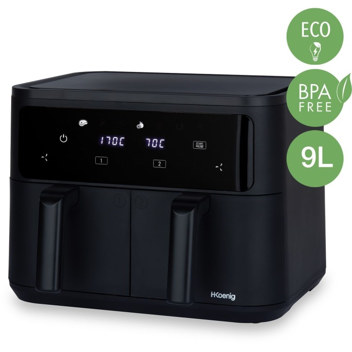 Friteuse sans huile HKoeNIG - FRY900 - Capacité 9L - Double cuve 4,5L - 8 programmes de cuisson - 2400W Friteuse sans huile HKoeNIG - FRY900 - Capacité 9L - Double cuve 4,5L - 8 programmes de cuisson - 2400W