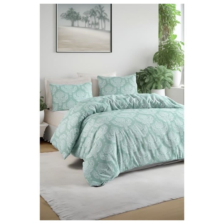 Parure de lit - 1 housse de couette 220 x 240 cm + 2 taies d'oreiller 60 x 60 cm - 65% coton, 35% polyester - Vert