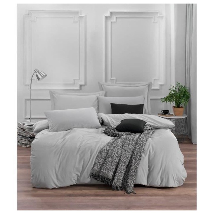 Parure de lit - 1 housse de couette 220 x 240 cm + 2 taies d'oreiller 60 x 60 cm - 65% coton, 35% polyester - Gris