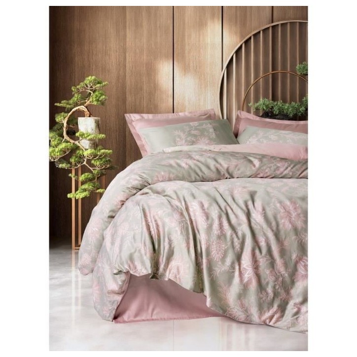 Parure de lit - 1 housse de couette 220 x 240 cm + 2 taies d'oreiller 60 x 60 cm - Satiné 100% coton - Poudre