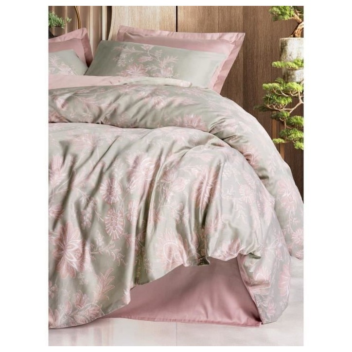 Parure de lit - 1 housse de couette 220 x 240 cm + 2 taies d'oreiller 60 x 60 cm - Satiné 100% coton - Poudre