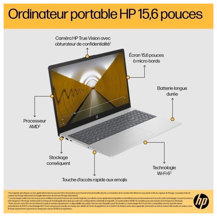 PC Portable HP 15-fc0158nf - Windows 11 - 15,6 FHD - Ryzen 3 7320U - RAM 8Go - Stockage 512Go SSD - AZERTY PC Portable HP 15-fc0158nf - Windows 11 - 15,6 FHD - Ryzen 3 7320U - RAM 8Go - Stockage 512Go SSD - AZERTY