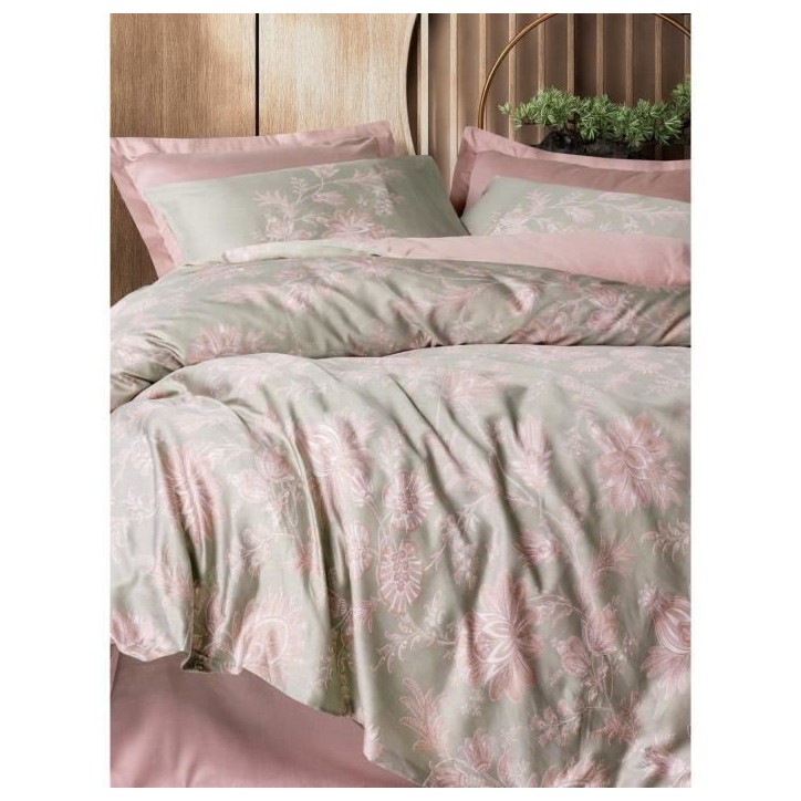 Parure de lit - 1 housse de couette 220 x 240 cm + 2 taies d'oreiller 60 x 60 cm - Satiné 100% coton - Poudre