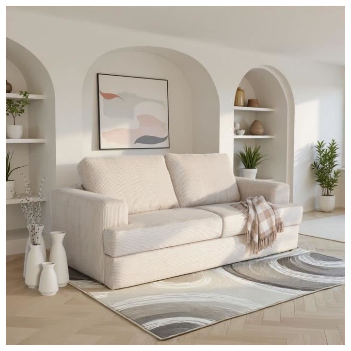 Canapé convertible express - 3 places - IGOR - Tissu velours côtelé - Perle - Matelas 15 cm - 231 x 107 x 90 cm Canapé convertible express - 3 places - IGOR - Tissu velours côtelé - Perle - Matelas 15 cm - 231 x 107 x 90 cm