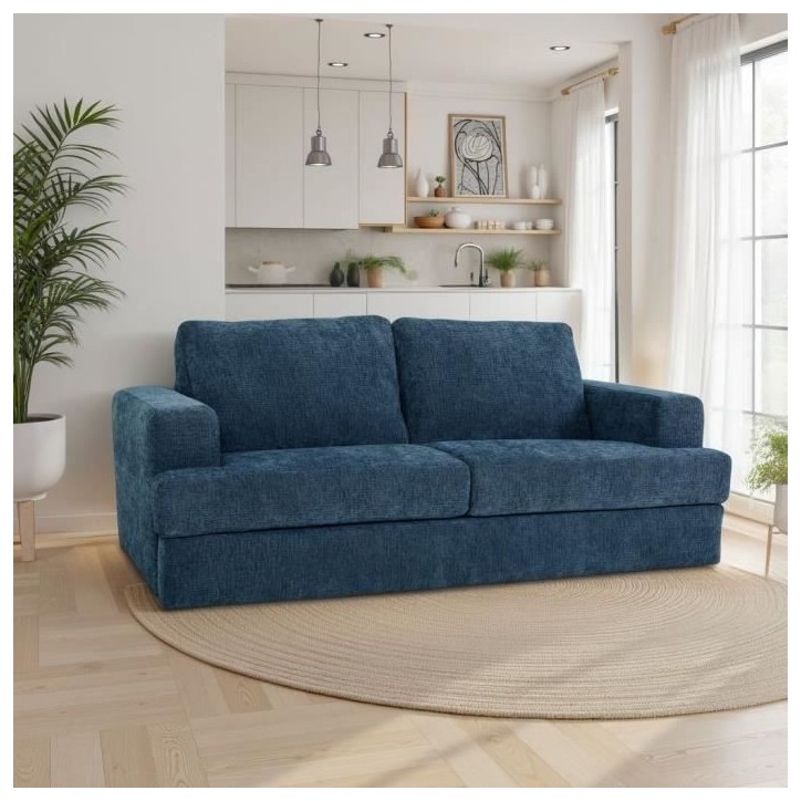 Canapé convertible express - 3 places - IGOR - Tissu gauffré - Saphir - Matelas 15 cm - 231 x 107 x 90 cm