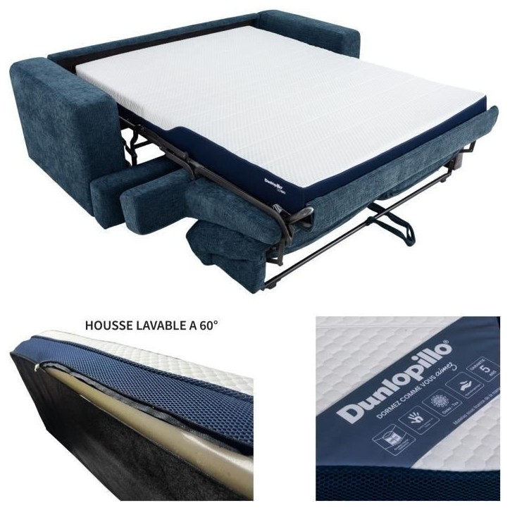 Canapé convertible express - 3 places - IGOR - Tissu gauffré - Saphir - Matelas 15 cm - 231 x 107 x 90 cm