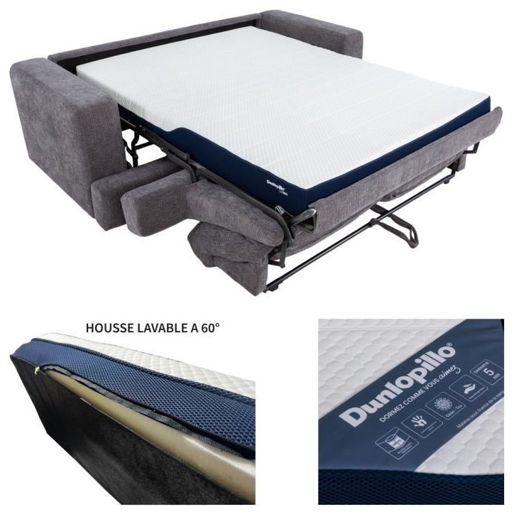 Canapé convertible express - 3 places - IGOR - Tissu gauffré - Gris souris - Matelas 15 cm - 231 x 107 x 90 cm