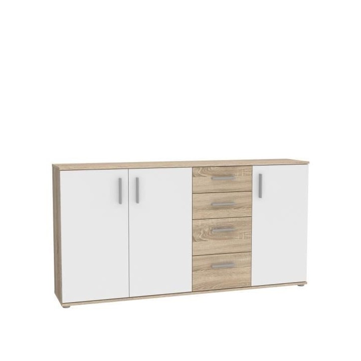 Buffet IKOLI - 3 portes, 4 tiroirs - Décor chene Sonoma et blanc - L159,3 x P31,4 x H81,7 cm - Poignées en plastique