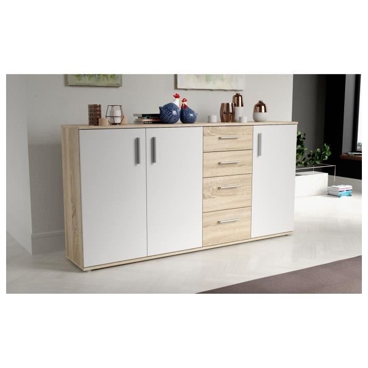 Buffet IKOLI - 3 portes, 4 tiroirs - Décor chene Sonoma et blanc - L159,3 x P31,4 x H81,7 cm - Poignées en plastique