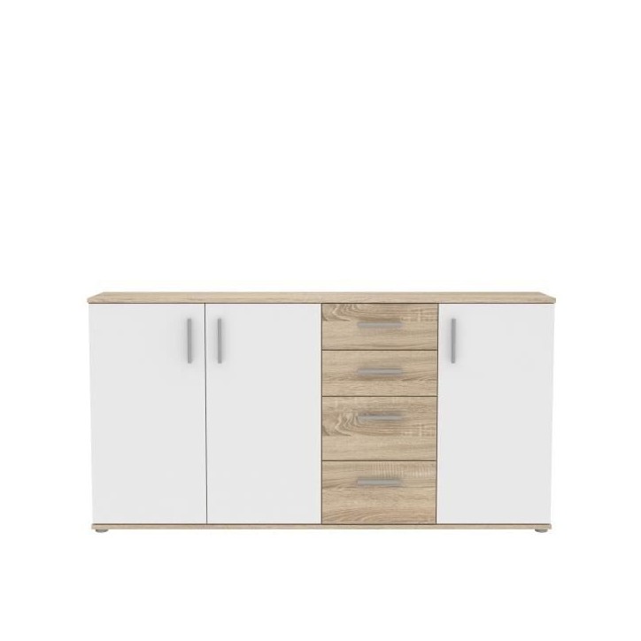Buffet IKOLI - 3 portes, 4 tiroirs - Décor chene Sonoma et blanc - L159,3 x P31,4 x H81,7 cm - Poignées en plastique