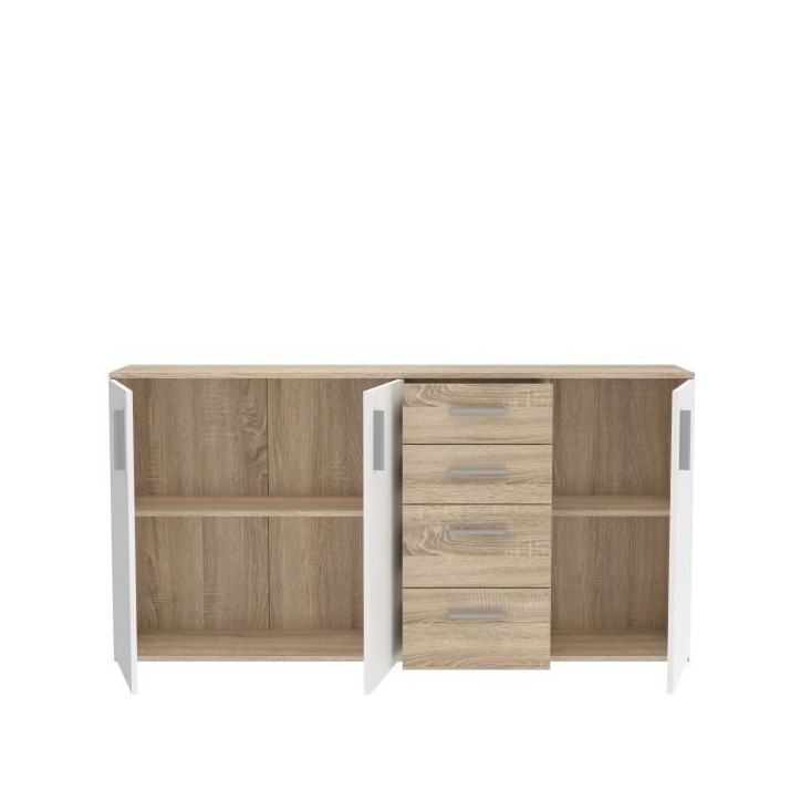 Buffet IKOLI - 3 portes, 4 tiroirs - Décor chene Sonoma et blanc - L159,3 x P31,4 x H81,7 cm - Poignées en plastique