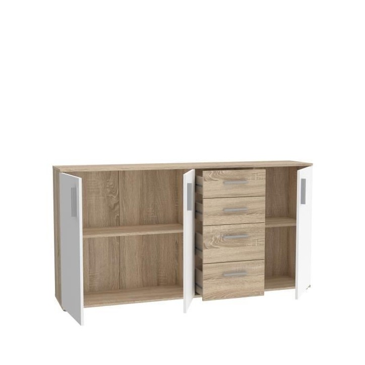 Buffet IKOLI - 3 portes, 4 tiroirs - Décor chene Sonoma et blanc - L159,3 x P31,4 x H81,7 cm - Poignées en plastique