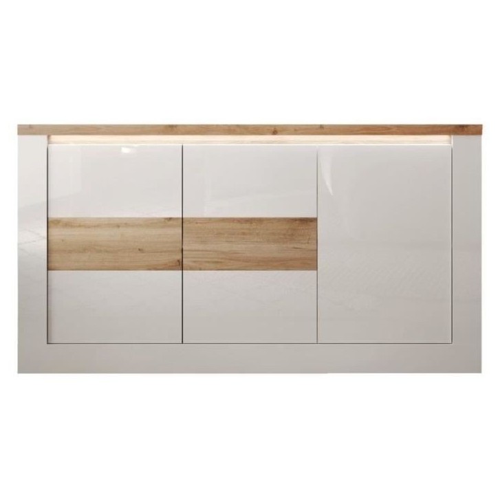 Buffet - IMOLA - Blanc laqué brillant / Chene Clair - 3 portes - 160 x 43 x 88 cm - Eclairage LED Buffet - IMOLA - Blanc laqué brillant / Chene Clair - 3 portes - 160 x 43 x 88 cm - Eclairage LED
