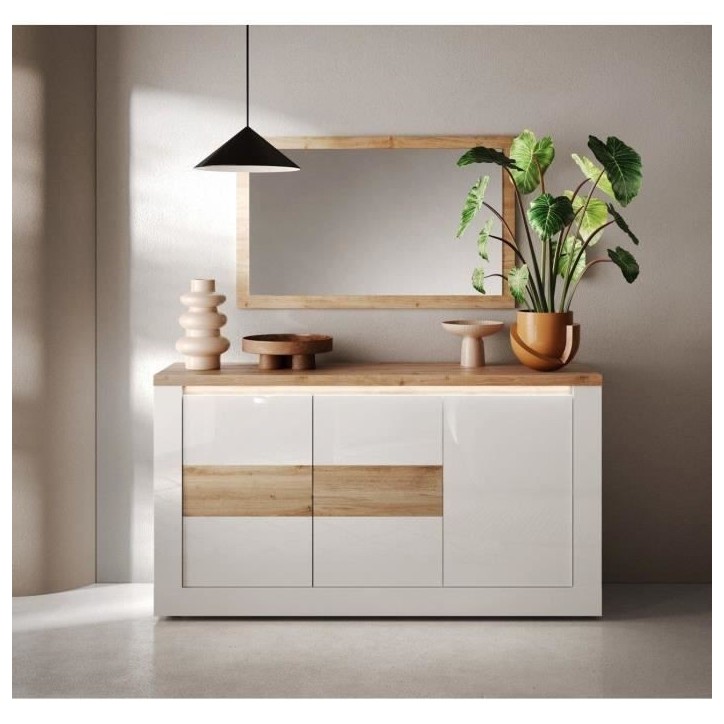 Buffet - IMOLA - Blanc laqué brillant / Chene Clair - 3 portes - 160 x 43 x 88 cm - Eclairage LED Buffet - IMOLA - Blanc laqué brillant / Chene Clair - 3 portes - 160 x 43 x 88 cm - Eclairage LED