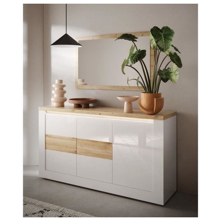 Buffet - IMOLA - Blanc laqué brillant / Chene Clair - 3 portes - 160 x 43 x 88 cm - Eclairage LED Buffet - IMOLA - Blanc laqué brillant / Chene Clair - 3 portes - 160 x 43 x 88 cm - Eclairage LED