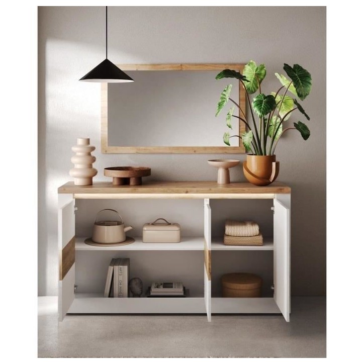 Buffet - IMOLA - Blanc laqué brillant / Chene Clair - 3 portes - 160 x 43 x 88 cm - Eclairage LED Buffet - IMOLA - Blanc laqué brillant / Chene Clair - 3 portes - 160 x 43 x 88 cm - Eclairage LED
