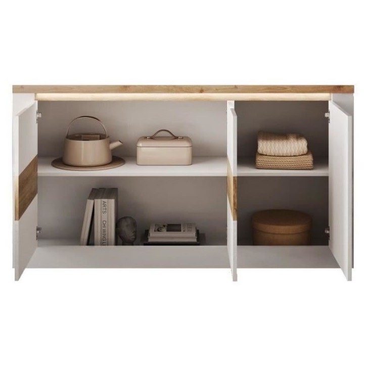 Buffet - IMOLA - Blanc laqué brillant / Chene Clair - 3 portes - 160 x 43 x 88 cm - Eclairage LED Buffet - IMOLA - Blanc laqué brillant / Chene Clair - 3 portes - 160 x 43 x 88 cm - Eclairage LED