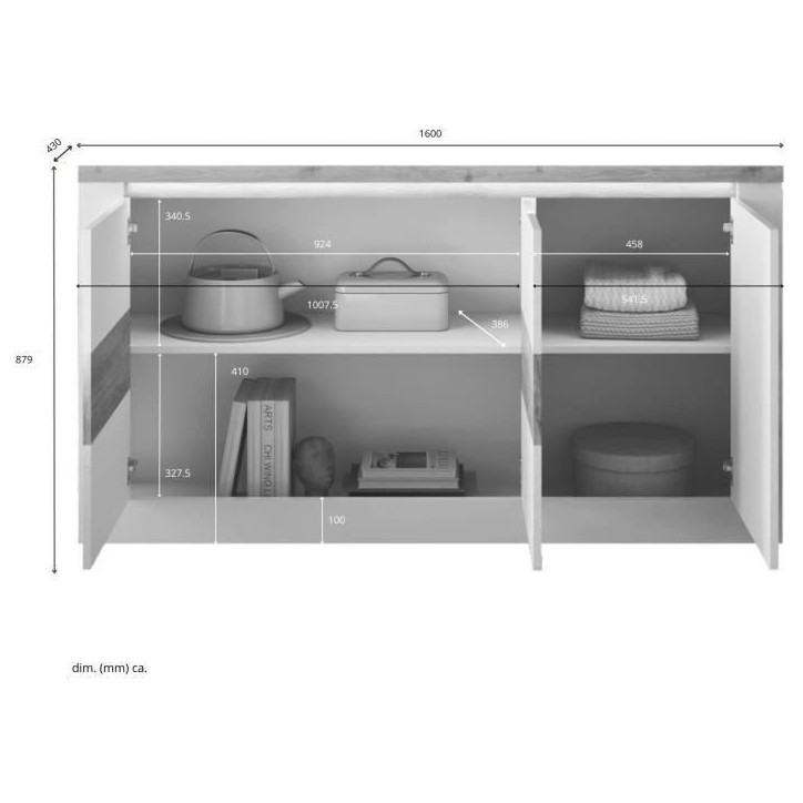 Buffet - IMOLA - Blanc laqué brillant / Chene Clair - 3 portes - 160 x 43 x 88 cm - Eclairage LED Buffet - IMOLA - Blanc laqué brillant / Chene Clair - 3 portes - 160 x 43 x 88 cm - Eclairage LED