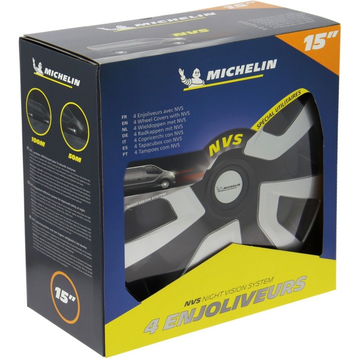 4 enjoliveurs 15 - MICHELIN - spécial utilitaires et camping-car -NVS : pastille réfléchissante pour visibilité de nuit 4 enjoliveurs 15 - MICHELIN - spécial utilitaires et camping-car -NVS : pastille réfléchissante pour visibilité de nuit