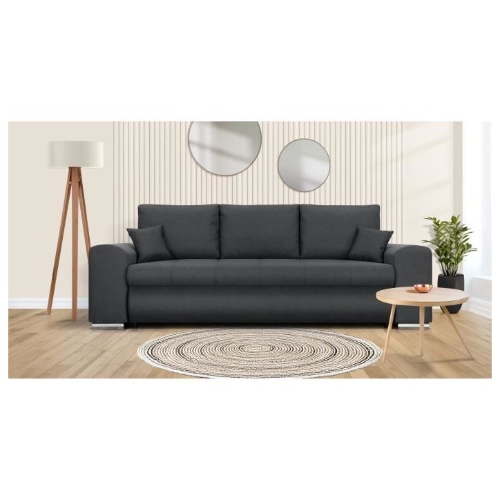 Canapé convertible avec coffre de rangement 3 places - INDIAN - Tissu gris foncé et pieds chrome - L250xH88xP98cm