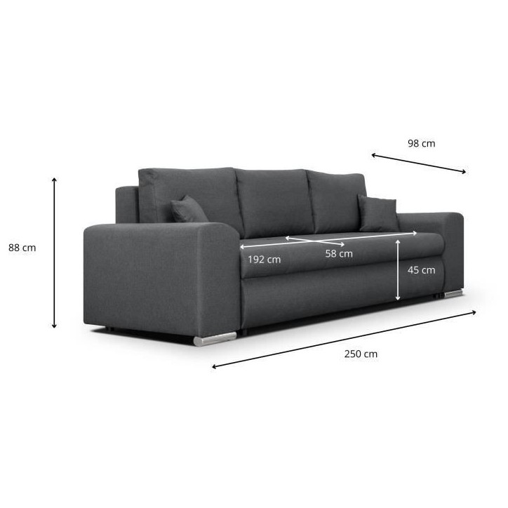 Canapé convertible avec coffre de rangement 3 places - INDIAN - Tissu gris foncé et pieds chrome - L250xH88xP98cm