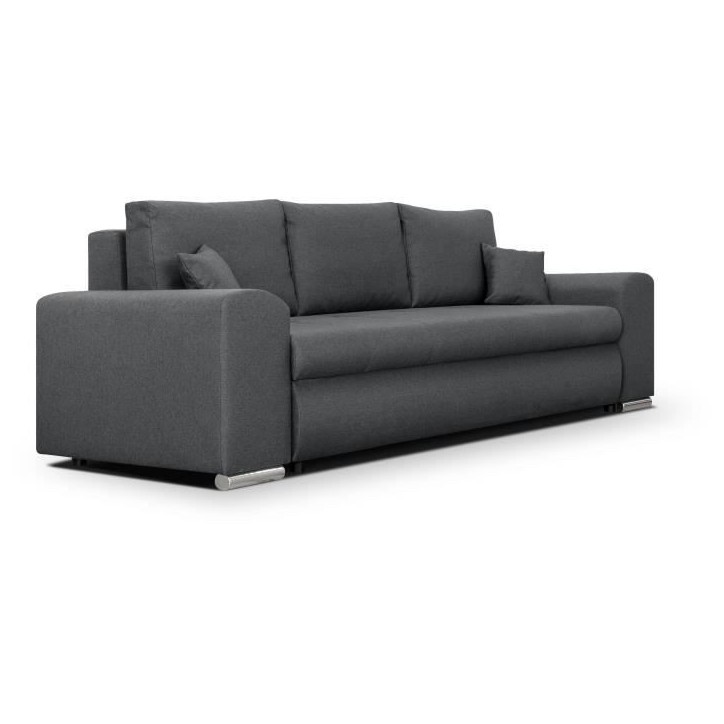 Canapé convertible avec coffre de rangement 3 places - INDIAN - Tissu gris foncé et pieds chrome - L250xH88xP98cm