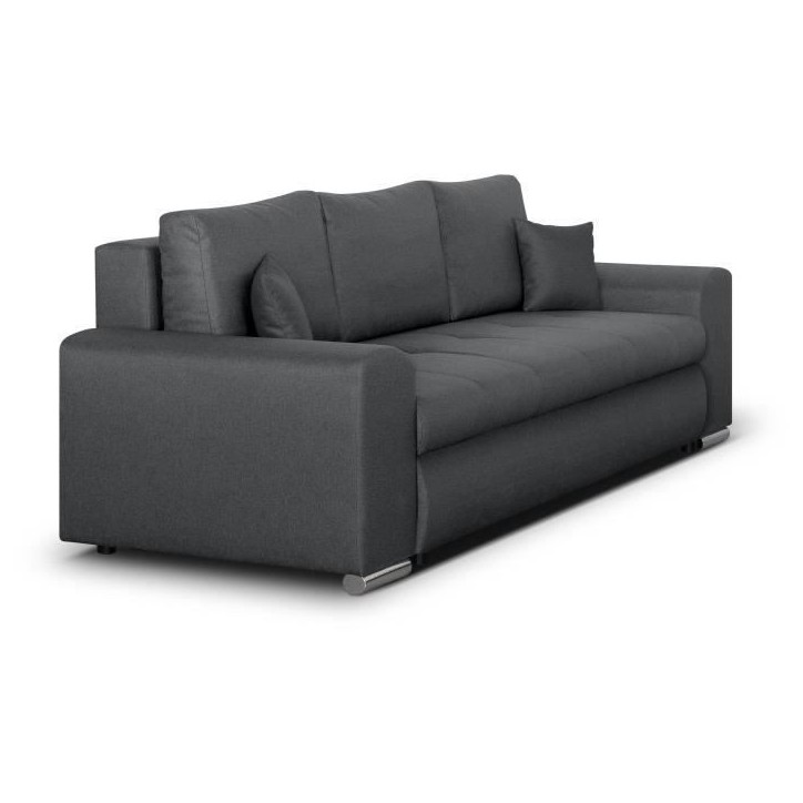 Canapé convertible avec coffre de rangement 3 places - INDIAN - Tissu gris foncé et pieds chrome - L250xH88xP98cm