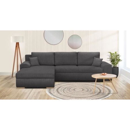 Canapé d'angle convertible - 5 places - INDIAN - Tissu velours côtelé Gris foncé - Coffre de rangement - 289 x 94/188 x 88 c