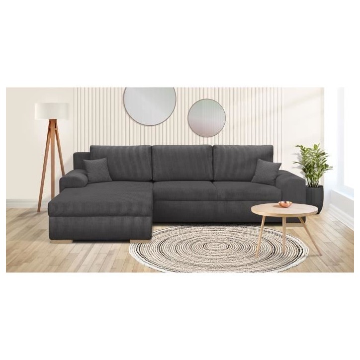 Canapé d'angle convertible - 5 places - INDIAN - Tissu velours côtelé Gris foncé - Coffre de rangement - 289 x 94/188 x 88 c