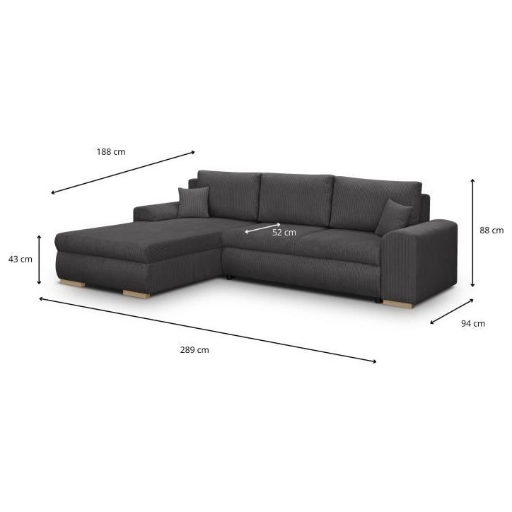 Canapé d'angle convertible - 5 places - INDIAN - Tissu velours côtelé Gris foncé - Coffre de rangement - 289 x 94/188 x 88 c